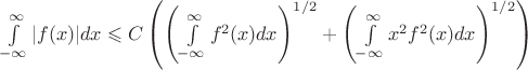 $\int \limits_{-\infty}^{\infty} |f(x)|dx \leqslant C\left ( \left (  \int \limits_{-\infty}^{\infty} f^2(x)dx \right )^{1/2} + \left ( \int \limits_{-\infty}^{\infty} x^2f^2(x)dx \right )^{1/2} \right )$