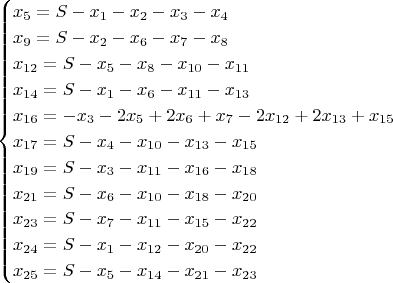 $$\begin{cases}
x_5 = S - x_1 - x_2 - x_3 - x_4\\
x_9 = S - x_2 - x_6 - x_7 - x_8\\
x_{12} = S - x_5 - x_8 - x_{10} - x_{11}\\
x_{14} = S - x_1 - x_6 - x_{11} - x_{13}\\
x_{16} = -x_3 - 2x_5 + 2x_6 + x_7 - 2x_{12} + 2x_{13} + x_{15}\\
x_{17} = S - x_4 - x_{10} - x_{13} - x_{15}\\
x_{19} = S - x_3 - x_{11} - x_{16} - x_{18}\\
x_{21} = S - x_6 - x_{10} - x_{18} - x_{20}\\
x_{23} = S - x_7 - x_{11} - x_{15} - x_{22}\\
x_{24} = S - x_1 - x_{12} - x_{20} - x_{22}\\
x_{25} = S - x_5 - x_{14} - x_{21} - x_{23}
\end{cases}$$
