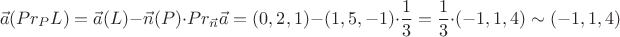 $$
\vec{a}(Pr_{P}L) = \vec{a}(L) - \vec{n}(P) \cdot Pr_{\vec{n}}\vec{a} =
(0,2,1) - (1,5,-1) \cdot \frac{1}{3} = \frac{1}{3} \cdot (-1,1,4) \sim (-1,1,4)
$$