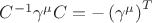 $C^{-1}\gamma^{\mu}C=-\left(\gamma^{\mu}\right)^T$