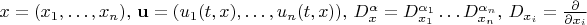 $ x=(x_1,\dots,x_n),\,{\bf u}=(u_1(t,x),\dots,u_n(t,x)),\, D_x^\alpha=D_{x_1}^{\alpha_1}\dots D_{x_n}^{\alpha_n},\,  D_{x_i}=\frac{\partial }{\partial x_i}$