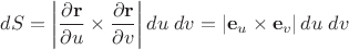 $dS=\left|\dfrac{\partial \mathbf r}{\partial u}\times\dfrac{\partial \mathbf r}{\partial v}\right|du\;dv=\left|\mathbf e_u\times\mathbf e_v\right|du\;dv$