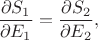 $\dfrac{\partial S_1}{\partial E_1}=\dfrac{\partial S_2}{\partial E_2},$