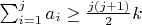 $\sum_{i=1}^{j}{a_i} \ge \frac{j(j+1)}{2}k$
