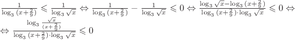 $\frac{1}{\log_3{(x+\frac{2}{9})}}\leqslant \frac{1}{\log_3{\sqrt{x}}}\Leftrightarrow\frac{1}{\log_3{(x+\frac{2}{9})}}-\frac{1}{\log_3{\sqrt{x}}}\leqslant 0\Leftrightarrow
\frac{{\log_3{\sqrt{x}}}-\log_3{{(x+\frac{2}{9})}}}{{\log_3{(x+\frac{2}{9})}}\cdot{\log_3{\sqrt{x}}}}\leqslant 0\Leftrightarrow

\Leftrightarrow \frac{{\log_3\frac{{\sqrt{{x}}}}{{(x+\frac{2}{9})}}}}{{\log_3{(x+\frac{2}{9})}}\cdot{\log_3{\sqrt{x}}}}\leqslant 0$