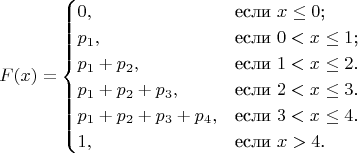 $$F(x)=\begin{cases}
0,&\text{если $x\le0$;}\\
p_1,&\text{если $0<x\le 1$;}\\
p_1+p_2,&\text{если $1<x\le 2$.}\\
p_1+p_2+p_3,&\text{если $2<x\le 3$.}\\
p_1+p_2+p_3+p_4,&\text{если $3<x\le 4$.}\\
1,&\text{если $x>4$.}
\end{cases}$$