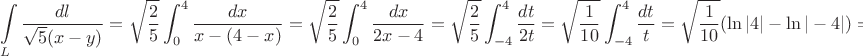 $$\int\limits_L {\dfrac{dl}{\sqrt 5(x-y)}=\sqrt{\dfrac{2}{5}}\int_0^4 \dfrac{dx}{x-(4-x)}=\sqrt{\dfrac{2}{5}}\int_0^4 \dfrac{dx}{2x-4}=\sqrt{\dfrac{2}{5}}\int_{-4}^{4}\dfrac{dt}{2t}=\sqrt{\dfrac{1}{10}}\int_{-4}^{4}\dfrac{dt}{t}=\sqrt{\dfrac{1}{10}}(\ln |4| -\ln|-4|)=0$$