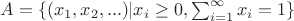 $A = \{(x_1,x_2,...)|x_i\ge 0, \sum_{i=1}^\infty x_i = 1\}$