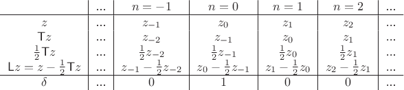 $$\begin{tabular}{c|c|c|c|c|c|c}
&... & $n=-1$ & $n=0$ & $n=1$ & $n=2$ & ...\\\hline
$z$ &... & $z_{-1}$ & $z_{0}$ & $z_{1}$ & $z_{2}$ & ...\\
$\mathsf T z$ &... & $z_{-2}$ & $z_{-1}$ & $z_{0}$ & $z_{1}$ & ...\\
$\frac 1 2\mathsf T z$ &... & $\frac 1 2 z_{-2}$ & $\frac 1 2 z_{-1}$ & $\frac 1 2 z_{0}$ & $\frac 1 2 z_{1}$ & ...\\
$\mathsf L z=z-\frac 1 2\mathsf Tz$ &... & $z_{-1}-\frac 1 2 z_{-2}$ & $z_{0}-\frac 1 2 z_{-1}$ & $z_{1}-\frac 1 2 z_{0}$ & $z_{2}-\frac 1 2 z_{1}$ & ...\\\hline
$\delta$ &... & $0$ & $1$ & $0$ & $0$ & ...\end{tabular}$$