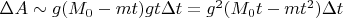 $\Delta A \sim g (M_0 - mt) gt \Delta t = g^2 (M_0 t - mt^2) \Delta t$
