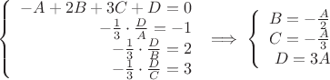 $$
\left\{
\begin{array}{rcl}
-A+2B+3C+D=0 \\
-\frac1{3} \cdot \frac{D}{A} = -1 \\
-\frac1{3} \cdot \frac{D}{B} = 2 \\
-\frac1{3} \cdot \frac{D}{C} = 3 \\
\end{array}
\right. \implies 
\left\{
\begin{array}{rcl}
B=-\frac{A}{2} \\
C=-\frac{A}{3} \\
D=3 A \\
\end{array}
\right.
$$