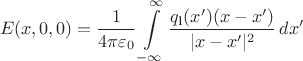 $$E(x, 0, 0)=\frac 1 {4\pi\varepsilon_0} \int\limits_{-\infty}^\infty \dfrac {q_\text{l}(x')(x - x')} {|x - x'|^2}\, d\!\,x'$$