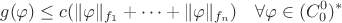 $$ g(\varphi) \leq c (\lVert \varphi \rVert_{f_1} + \dots + \lVert \varphi \rVert_{f_n}) \quad \forall \varphi\in (C_0^0)^*$$