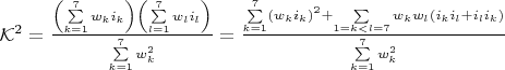 $\mathcal{K}^2 = \frac{\left ( \sum \limits_{k = 1}^7 w_k i_k \right ) \left ( \sum \limits_{l = 1}^7 w_l i_l \right )}{\sum \limits_{k = 1}^7 w_k^2} = \frac{\sum \limits_{k = 1}^7 (w_k i_k)^2 + \sum \limits_{1=k<l=7} w_k w_l (i_k i_l + i_l i_k)}{\sum \limits_{k = 1}^7 w_k^2}$