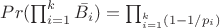 $Pr(\prod_{i=1}^k \bar{B_i})=\prod__{i=1}^{k} (1-1/p_i)$
