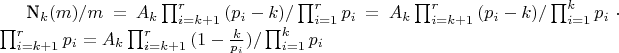 N_k(m)/m=A_k\prod_{i=k+1}^{r}{(p_i-k)}/\prod_{i=1}^{r}{p_i}=A_k\prod_{i=k+1}^{r}{(p_i-k)}/\prod_{i=1}^{k}{p_i} \cdot \prod_{i=k+1}^{r}{p_i}=A_k\prod_{i=k+1}^{r}{(1-\frac {k} {p_i})}/\prod_{i=1}^{k}{p_i}