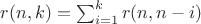 $r(n,k)=\sum_{i=1}^k r(n,n-i)$