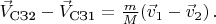 $\vec{V}_{\text{СЗ2}}-\vec{V}_{\text{СЗ1}}=\frac{m}{M} ( \vec{v}_1-\vec{v}_2 ) \, .$