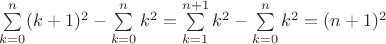 $\sum\limits_{k=0}^n (k+1)^2- \sum\limits_{k=0}^n k^2= \sum\limits_{k=1}^{n+1} k^2- \sum\limits_{k=0}^n k^2= (n+1)^2$