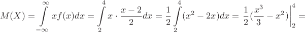 $$M(X)=\int\limits_{-\infty}^{\infty}xf(x)dx=\int\limits_{2}^{4}x\cdot \dfrac{x-2}{2}dx=\dfrac{1}2\int\limits_{2}^{4}(x^2-2x)dx=\left.\dfrac{1}{2}(\dfrac{x^3}{3}-x^2)\right|_{2}^4=$$