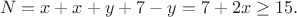 $$N=x+x+y+7-y=7+2x\geq 15.$$