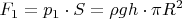 $\displaystyle F_1=p_1\cdot S=\rho  g h \cdot \pi R^2$