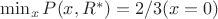 $\min_x  P(x,R^*)=2/3 (при x=0)$