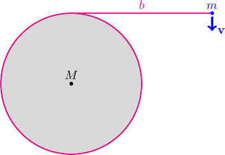\begin{tikzpicture}
\filldraw[fill=lightgray!60] (0,0) circle (2);
\draw[thick, magenta] (0,2) arc (-270:90:2)--(4,2);
\node[magenta, above] at (2,2) {$b$};
\fill[blue] (4,2) circle (.05) node [above] {$m$};
\fill (0,0) circle (0.05) node [above] {$M$};
\draw[blue, ultra thick,->] (4,1.9)--(4,1.5) node[right]{$\mathbf{v}$};

\end{tikzpicture}