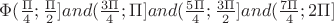 $\Phi (\frac{\Pi}{4}; \frac{\Pi}{2}] and (\frac{3\Pi}{4}; \Pi] and (\frac{5\Pi}{4};\frac{3\Pi}{2}] and (\frac{7\Pi}{4};2\Pi]$