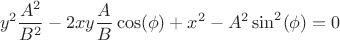 $$ 
 y^2 \frac{{A^2 }}{{B^2 }} - 2xy\frac{A}{B}\cos (\phi ) + x^2  - A^2 \sin ^2 (\phi ) = 0 
$$