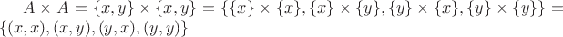 $A\times A=\{x,y\}\times\{x,y\}=\{\{x\}\times \{x\},\{x\}\times \{y\},\{y\}\times \{x\},\{y\}\times \{y\}\}=\{(x,x),(x,y),(y,x),(y,y)\}$