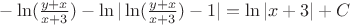 $-\ln(\frac{y+x}{x+3})-\ln|\ln(\frac{y+x}{x+3})-1|=\ln|x+3|+C$