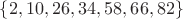 $\{2, 10, 26, 34, 58, 66, 82\}$