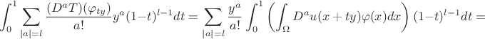 $$\int_{0}^{1}\sum_{|a| = l}\frac{(D^aT)(\varphi_{ty})}{a!}y^a(1-t)^{l-1}dt = \sum_{|a| = l}\frac{y^a}{a!}\int_{0}^{1}\left (\int_{\Omega}D^au(x+ty)\varphi(x)dx  \right )(1-t)^{l-1}dt =$$