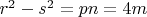 $r^2-s^2=pn=4m$