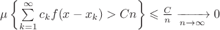 $\mu\left\{\sum\limits_{k=1}^\infty c_kf(x-x_k)>Cn\right\}\leqslant\tfrac{C}{n}\xrightarrow[n\to\infty]{}0$