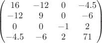 $\begin{pmatrix}
16 & -12 & 0 & -4.5 \\
-12 & 9 & 0 & -6 \\
0 & 0 & -1 & 2 \\
-4.5 & -6 & 2 & 71\\
\end{pmatrix}
$
