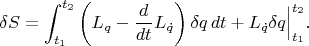 $$\delta S = \int_{t_1}^{t_2} \left(L_q - \frac{d}{dt}L_{\dot q}\right)\delta q\, dt + L_{\dot q}\delta q\Bigr|_{t_1}^{t_2}.$$