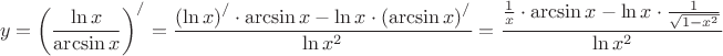$$y = {\left( {\frac{{\ln x}} {{\arcsin x}}} \right)^/} = \frac{{{{\left( {\ln x} \right)}^/} \cdot \arcsin x - \ln x \cdot {{\left( {\arcsin x} \right)}^/}}} {{\ln {x^2}}} = \frac{{\frac{1} {x} \cdot \arcsin x - \ln x \cdot \frac{1} {{\sqrt {1 - {x^2}} }}}} {{\ln {x^2}}}$$