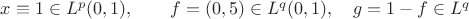 $x \equiv 1 \in L^p(0,1), \qquad f=\begin \chi (0,5)  \in L^q(0,1), \quad  g=1-f \in L^q$