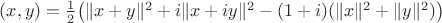 $(x,y)=\frac12\big(\|x+y\|^2+i\|x+iy\|^2-(1+i)(\|x\|^2+\|y\|^2)\big)$