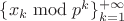 $\{x_k \bmod p^k\}_{k=1}^{+\infty}$