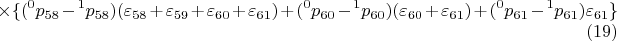 $$
\times \{ ({}^{0} p_{58}-{}^{1} p_{58})  (\varepsilon_{58}+\varepsilon_{59}+\varepsilon_{60}+\varepsilon_{61})
+({}^{0} p_{60}-{}^{1} p_{60})  (\varepsilon_{60}+\varepsilon_{61})+({}^{0} p_{61}-{}^{1} p_{61})  \varepsilon_{61} \} \eqno{(19)}
$$
