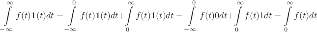 $$\int\limits_{-\infty}^{\infty} f(t) \mathbf 1(t) dt = \int\limits_{-\infty}^0 f(t) \mathbf 1(t) dt + \int\limits_0^{\infty} f(t) \mathbf 1(t) dt = \int\limits_{-\infty}^0 f(t) 0 dt + \int\limits_0^{\infty} f(t) 1 dt = \int\limits_0^{\infty} f(t) dt$$