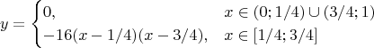 $$
y=\begin{cases}
0,& x \in (0;1/4)\cup (3/4;1)\\ 
-16(x-1/4)(x-3/4),& x \in [1/4;3/4]
\end{cases}
$$