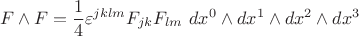 $$
F\wedge F=\frac{1}{4}\varepsilon^{jklm}F_{jk}F_{lm}~dx^0\wedge dx^1\wedge dx^2\wedge dx^3
$$