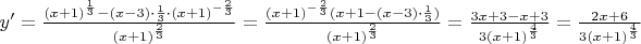 $y' = \frac{(x+1)^{\frac13}-(x-3)\cdot\frac13\cdot(x+1)^{-\frac{2}{3}}}{(x+1)^{\frac23}} = \frac{(x+1)^{-\frac23}(x+1-(x-3)\cdot\frac13)}{(x+1)^{\frac23}} = \frac{3x+3-x+3}{3(x+1)^{\frac43}} = \frac{2x+6}{3(x+1)^{\frac43}}$