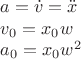 $a=\dot{v}=\ddot{x}$

$v_0=x_0w$

$a_0=x_0w^2