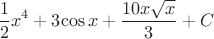 $$\dfrac{1}{2}x^4+3{\cos x}+\dfrac{10x\sqrt x}{3}+C$$
