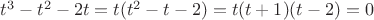 $t^3-t^2-2t=t(t^2-t-2)=t(t+1)(t-2)=0$